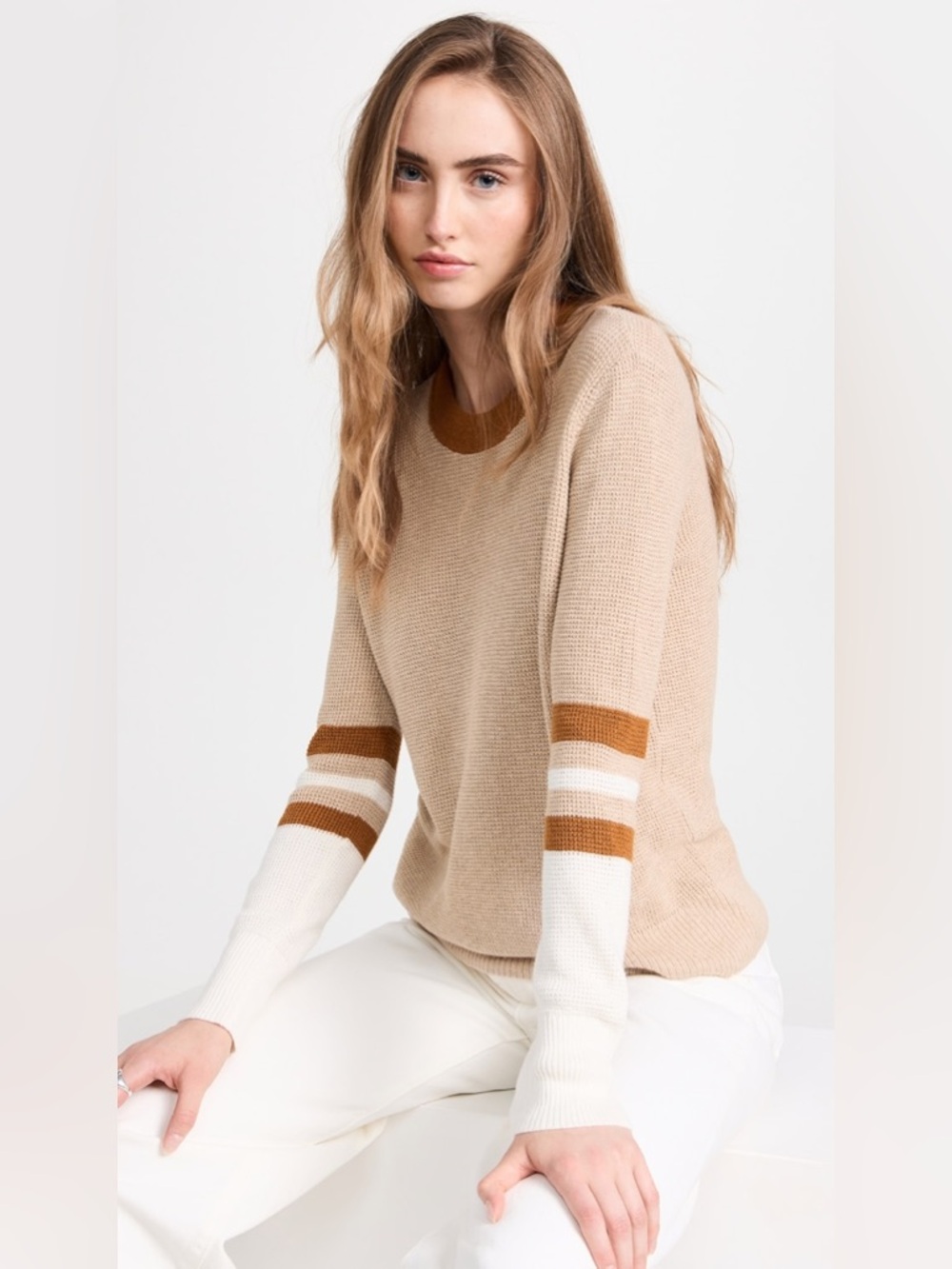 NEW Faherty Throwback Crew Sweater Waffle Cotton Cashmere Blend in Oat Varsity